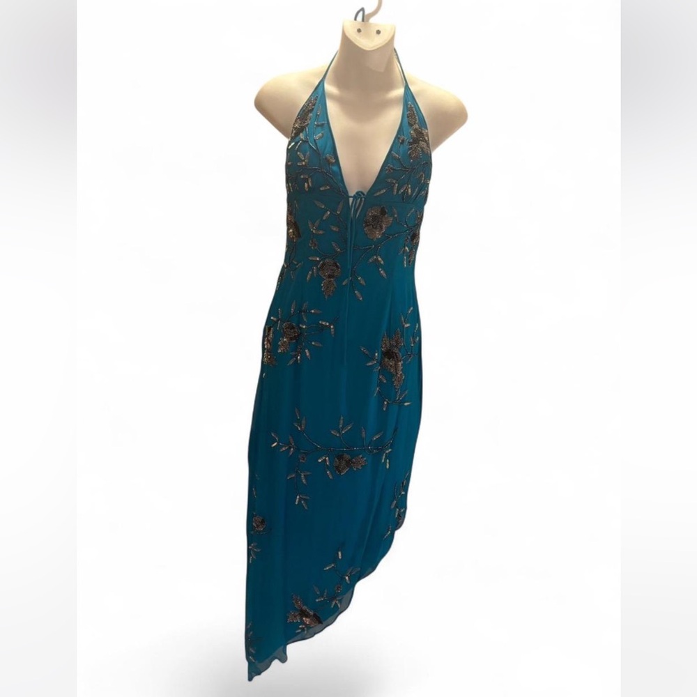 Sean Collection Teal Backless Dress with Floral Details